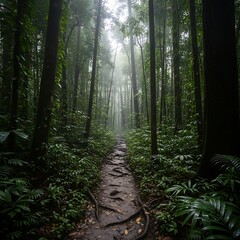 Obraz premium Misty forest path leading through lush green trees towards a faint light