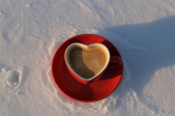 Heart shaped coffee cup with warm beverage sitting on white snow