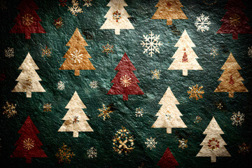 Vintage-style Christmas pattern featuring stylized trees and snowflakes on a textured dark green background, ideal for festive wrapping, backgrounds, or seasonal designs.
