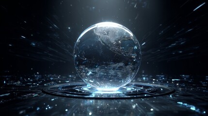 A mesmerizing display of a digital sphere, portraying the Earth in a futuristic digital realm, glowing and pulsating with interconnected data streams.