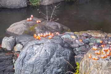 Small orange figures are placed on rocks near a stream during the day in a natural setting with water and stones around them