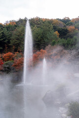 Water jets shoot up from a hot spring in a natural setting during autumn with orange and green trees in the background