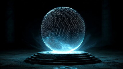 An orb of intricate design emits a soft, otherworldly glow, hovering above a tiered pedestal, evoking a sense of mystery and technological advancement.