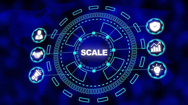 Digital abstract concept of scaling a business with icons on a world map background scale growth