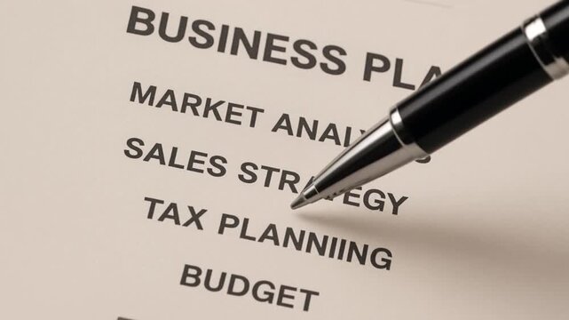 sustainable retirement plan concept. Business plan document with key sections highlighted and a pen.