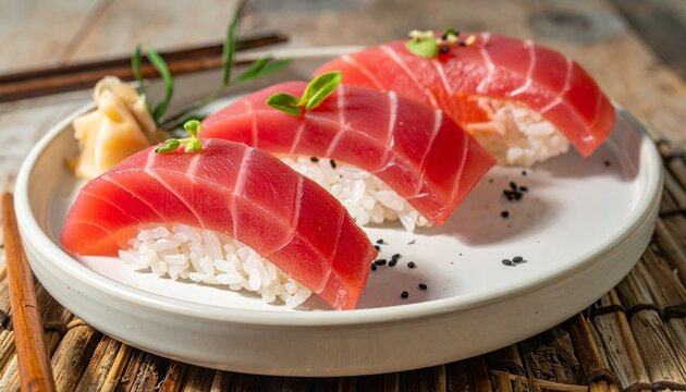 Fresh delicious tuna nigiri sushi on a white plate with chopsticks.