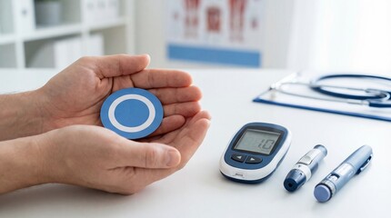 Person holding glucose monitoring device next to diabetic supplies