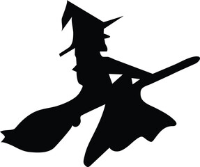 Silhouette of a witch flying on a broomstick against a white background