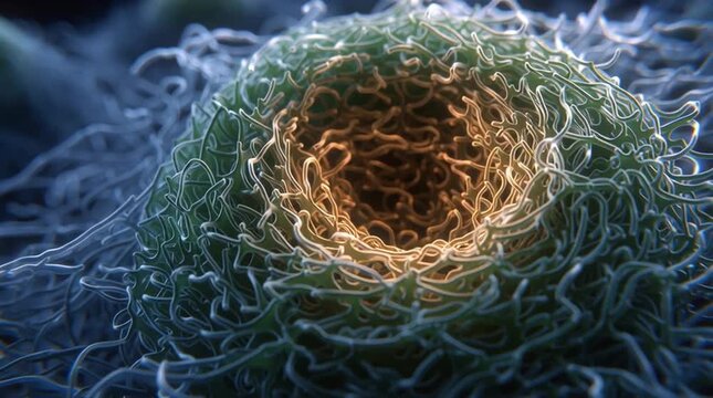Detailed microscopic 3D render of a cell in prophase, with the nuclear envelope dissolving and DNA condensing into visible, tangled chromosomes as the mitotic process begins.
