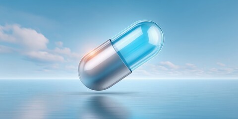 Battery backup charging concept. A floating blue capsule with a shiny exterior against a serene sky and calm water background.
