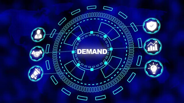 Digital abstract concept of market demand with icons on a world map background business economy