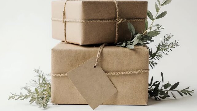Stacked brown paper gifts tied with twine and a blank tag, decorated with leafy green sprigs on white background