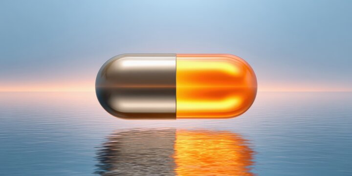 Battery backup charging concept. A shiny capsule floats on a serene water surface, reflecting a calm atmosphere and blending orange and silver colors against a gentle blue backdrop.