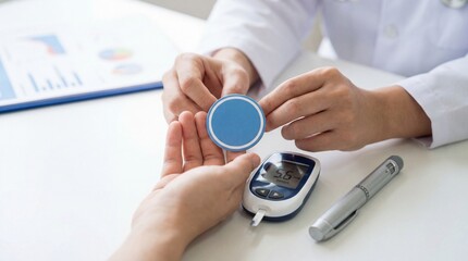 Medical professional demonstrating diabetes testing device to patient