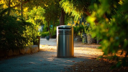 Modern trash can on a serene pathway surrounded by greenery in a sunlit park, highlighting cleanliness in nature and urban environments