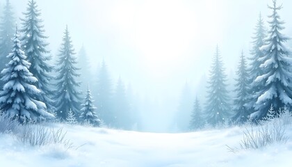 Obraz premium watercolor christmas winter landscape, soft pastel snow, pine forest, gentle blue and white tones, hand-painted style, subtle snowflakes, elegant artistic texture, high-resolution watercolor backgrou