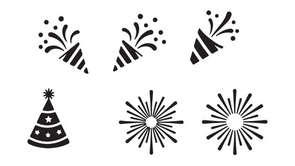 Obraz premium Black Party Popper And Firework Icon Set on White Background