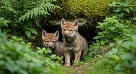 Fototapeta premium Two Wolf Pups at Den Entrance in Greenery. Curious Wolf Pups in Natural Den. Young Wolves Observing Forest Surroundings.