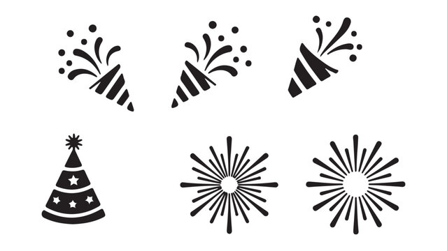 Black Party Popper And Firework Icon Set on White Background