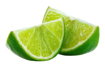 Two bright green lime wedges with visible pulp and rind against black citrus fruit, Isolated On Transparent Background, Png Cut Out