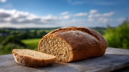 Rustic artisan wholemeal bread loaf with a slice cut set on a wooden surface with a blurred green landscape and blue sky backdrop