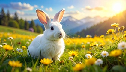 Adorable white rabbit sitting in a sunny mountain meadow with wildflowers.