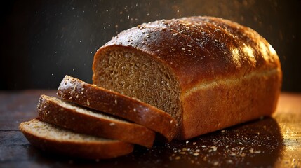 A rustic loaf of wholemeal bread sliced and sprinkled with seeds presented with dramatic lighting