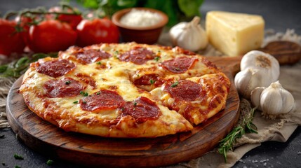 Delicious freshly baked pepperoni pizza on wooden board with vibrant toppings and cheese, perfect for food lovers and culinary enthusiasts in a cozy kitchen setting