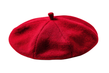 Single red beret hat with textured fabric on black background fashion accessory, Isolated On Transparent Background, Png Cut Out