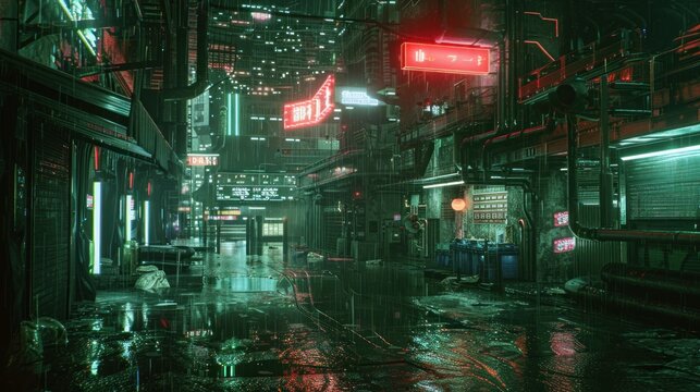 Neon cityscape at night with rain reflecting the glowing lights and signs