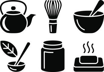 Tea Ceremony Icons Set – Teapot, Whisk, Bowl, Leaves, Jar and Steaming Cup Silhouette