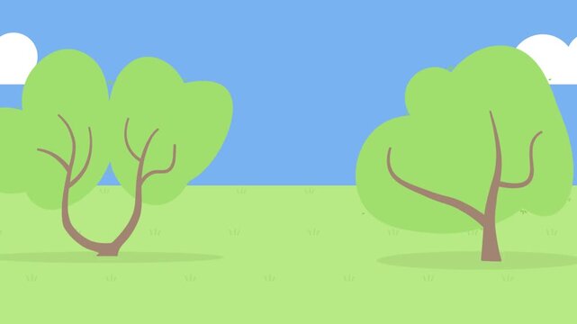 Two Cartoon Trees on Green Grass Under Blue Sky nature