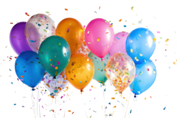 Assortment of colorful balloons with confetti against a black background party celebration, Isolated On Transparent Background, Png Cut Out