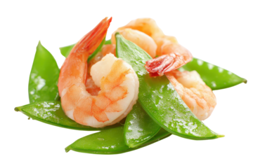 Cooked pink shrimp and green snow peas on black background prawn seafood, Isolated On Transparent Background, Png Cut Out
