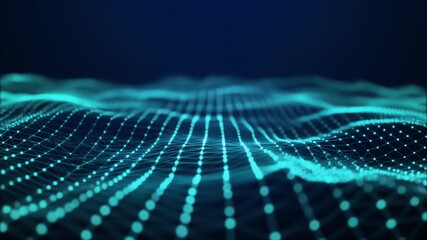 An abstract digital wave of interconnected glowing blue dots and lines creates a futuristic network visualization, representing data flow and technological advancement. - Powered by Adobe