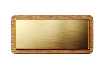 Rectangular brushed gold plaque with wooden frame on black background brass metal, Isolated On Transparent Background, Png Cut Out