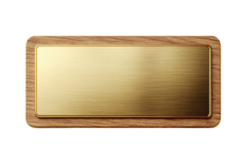 Rectangular brushed gold plaque with wooden frame on black background brass metal, Isolated On Transparent Background, Png Cut Out