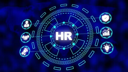 Digital HR Concept with Global Network and Business Icons on Dark Blue World Map Background human resources