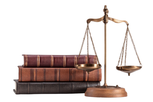 Antique brass justice scales beside stack of old leather bound books legal balance, Isolated On Transparent Background, Png Cut Out - Powered by Adobe