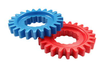 Two interlocking plastic gears one blue one red on black background connection, Isolated On Transparent Background, Png Cut Out