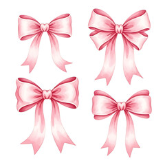 Four elegant pink watercolor bows with flowing ribbons