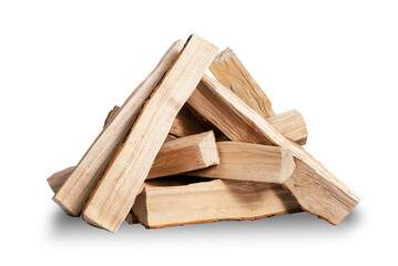 Pile of dry firewood isolated on a transparent background in close-up