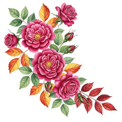 Elegant watercolor arrangement of pink roses and autumn leaves