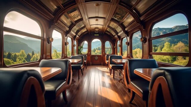 Interior of a vintage train car with wooden paneling, tables, and views of a lush mountain landscape