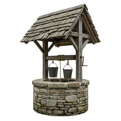 Rustic stone wishing well with wooden roof and buckets