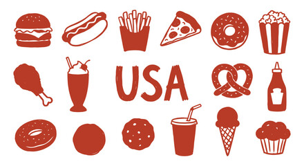 USA. American Food. A red vector icon set of classic American fast food and comfort food for a restaurant menu, a 4th of July party, a food truck, or a travel guide graphic design.