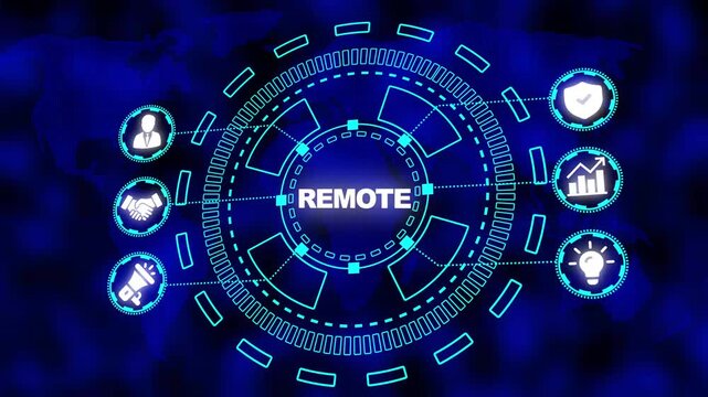 Digital Network Connecting Global Business Icons with Central Word REMOTE on World Map Background