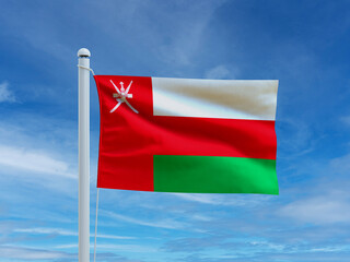 The Oman flag waves gracefully against a bright sky, showcasing its red, white, and green stripes with the national emblem. Clear lighting, crisp fabric motion, and a clean, uplifting atmosphere.
