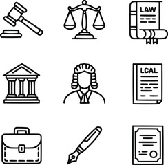 Fototapeta premium Law and Justice Outline Icon Set Gavel, Scales, and Legal Documents