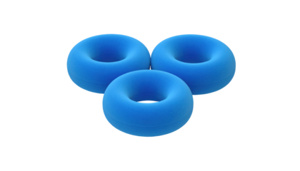 Three blue torus-shaped objects arranged in a triangular formation against a stark black background